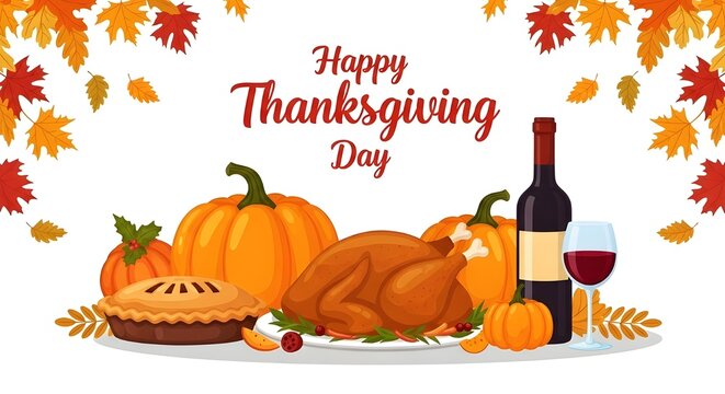 Happy thanksgiving day with a roasted turkey, pumpkin pie, pumpkins, and wine, isolated on white background