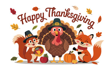 Happy Thanksgiving with cute animals turkey squirrel