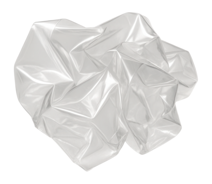 Crumpled clear plastic sheet with reflective surface on transparent background.