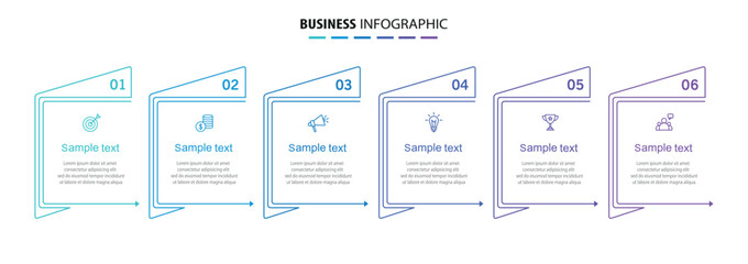 Business vector infographic design template with icons and 6 options or steps. Can be used for process diagram, presentations, workflow layout, banner, flow chart, info graph