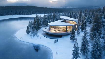 Aerial view of futuristic luxury house amidst snowy forest by a serene lake