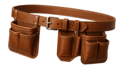 Brown leather tool belt with multiple pockets and a silver buckle on transparent background.