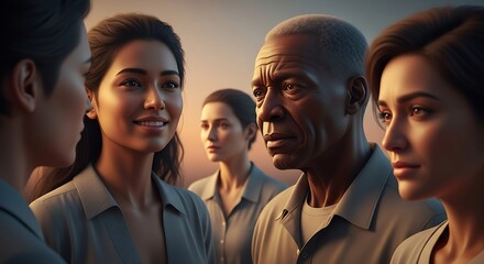 Diverse group of people in conversation during sunset