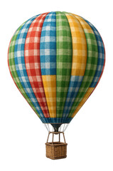 Fototapeta premium Multicolored checkered hot air balloon with a woven basket, featuring red, blue, green, and yellow panels on transparent background.