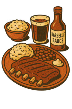 Retro barbecue ribs meal illustration with mashed potatoes, baked beans, cola and BBQ sauce in vintage cartoon style without background

