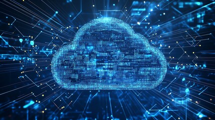 Digital Cloud Network Glowing Blue Cloud Computing Symbol with Data Transfer Connections and Tech Background