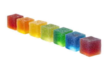 Row of colorful, square, translucent jelly candies
