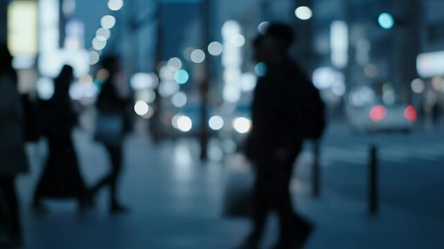 Atmospheric soft focus bokeh of city lights at night featuring blurred pedestrians and vehicle traffic on a busy urban street ideal abstract background or tranq