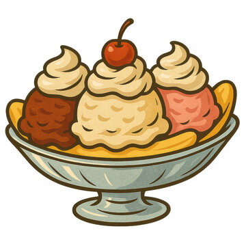 Retro banana split ice cream sundae illustration with whipped cream and cherry in vintage cartoon style without background
