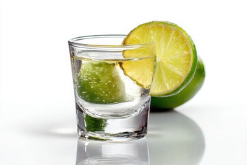 Fototapeta premium Clear shot glass filled with clear liquid and a lime slice garnish isolated on white background