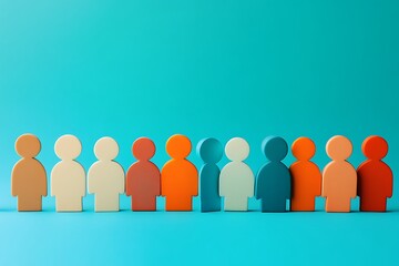 Diversity and Inclusion Row of Multicolored Wooden Figures on a Vibrant Teal Background