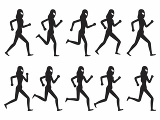 Ten Female Runners in Black Silhouette Style on White Background for Sports and Fitness Visuals silhouette