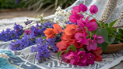 Vibrant assortment of colorful flowers including bougainvillea and bluebells arranged artistically on a textured fabric background showcasing natural beauty,flower, flowers, pink, nature, garden, spri