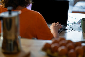 Freshly brewed coffee and remote work at home