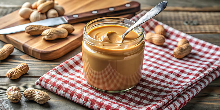 A jar of creamy peanut butter with a spoon, surrounded by whole peanuts and a checkered napkin on a rustic wooden table