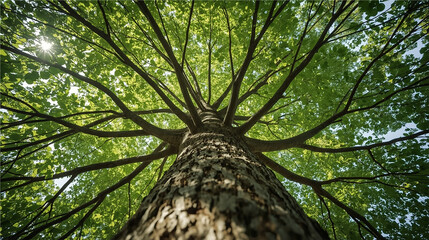 A dramatic low-angle view looking up at a tall tree with sprawling branches and vibrant green leaves forming a canopy. Sunlight filters through the foliage, creating a sense of peace and connection.