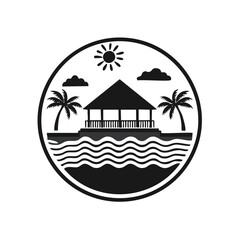 Tropical island gazebo with palm trees and ocean waves under a sunny sky