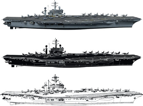 USS Nimitz Aircraft Carrier | 3 Styles: Color Realism, Silhouette & Blueprint Line Art | Top-Down Navy Ship Vector Illustration