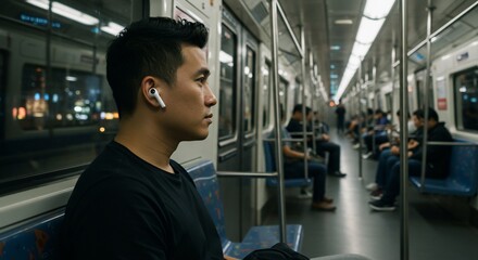 Fototapeta premium Subway rider stares thoughtfully ahead
