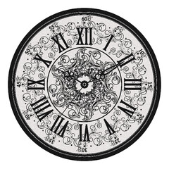 Vintage Ornate Clock with Roman Numerals in Halftone Effect Illustration