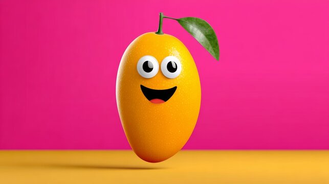 Cartoonish orange fruit with a smiling face and a green leaf on top. The fruit is in the air and he is happy