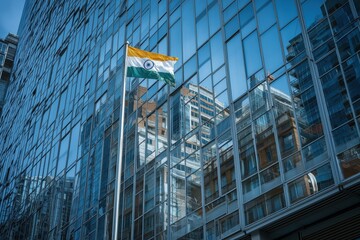 Fototapeta premium Indian flag reflected on sleek glass building surface, modern patriotic urban composition