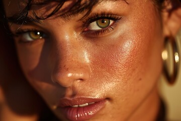 Radiant model glowing in golden hour sunlight with minimal luminous dewy makeup