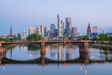 Frankfurt City Downtown, Ignatz Bubis Bridge and Main River at Morning Twilight. Hesse, Germany