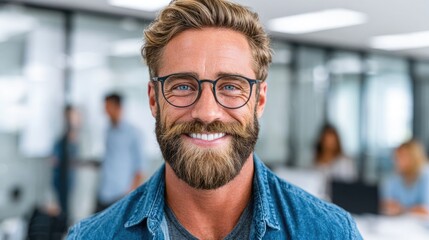 Naklejka premium Smiling Bearded Man Wearing Glasses in Office