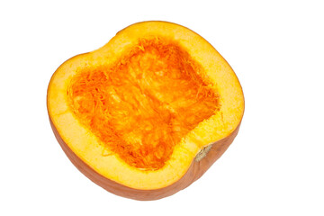 Freshly cut pumpkin half, showcasing vibrant orange flesh and fibrous interior, ideal for culinary use, decoration, or seasonal recipes, with bright white background enhancing visual appeal