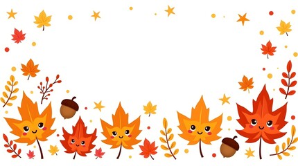 Fototapeta premium Kawaii flat style autumn banner featuring vibrant and colorful fall leaves in shades of orange,
