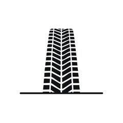 Perspective view of a car tire tread track. Black silhouette graphic icon for automotive or driving theme.