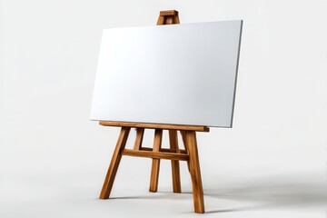 A blank white canvas rests on a wooden artist s easel ready for creativity isolated on white background