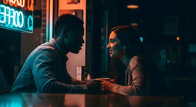 Interracial Couple Smiling on a Date in Neon Lit Cafe