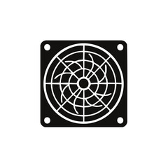 Black computer fan icon graphic with white fan blade and corners holes for screw placement, cooling technology