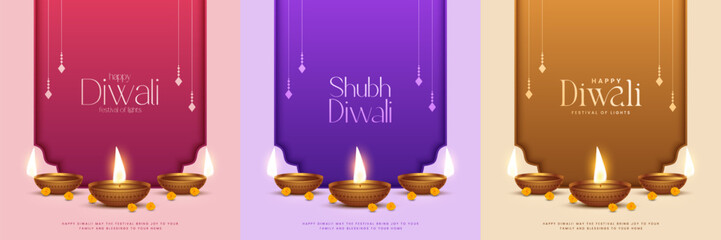 Naklejka premium Happy Diwali - festival of lights colorful poster template design with decorative diya lamp. vector illustration. Indian festival of lights Happy Diwali, holiday Background, Diwali celebration.