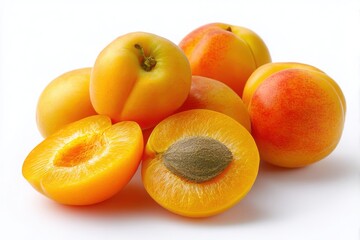 A pile of ripe juicy apricots with one cut in half revealing its pit isolated on white background