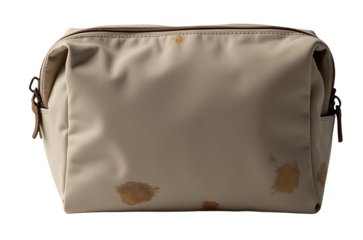 Beige toiletry bag appears stained and dirty, looking quite unkempt
