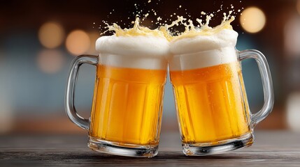 Two glasses of beer are on a table, one of which is almost empty. The other is almost full