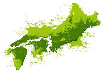 Abstract, stylized map of a region, painted in shades of green.  Splashes and textured brushstrokes create a dynamic representation, resembling a vibrant, stylized rendering of a geographic area