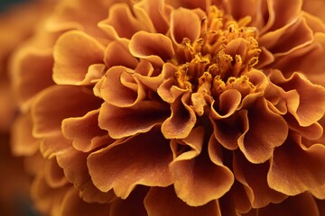 A close up of an orange marigold flower with detailed petals and a vibrant center in soft focus view