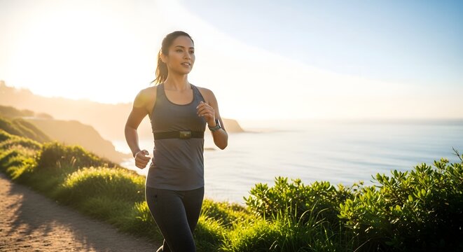 Young Woman Running on Coastal Path with Ocean View at Sunset