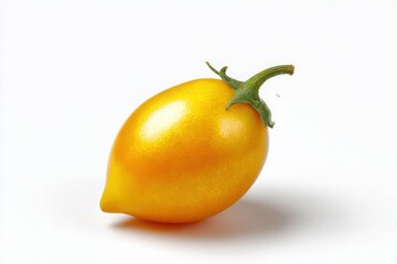 A single ripe yellow roma tomato with a green stem isolated on white background