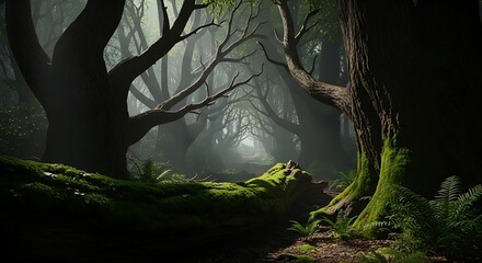 Fototapeta premium Enchanted Forest Path with Mossy Trees and Fog