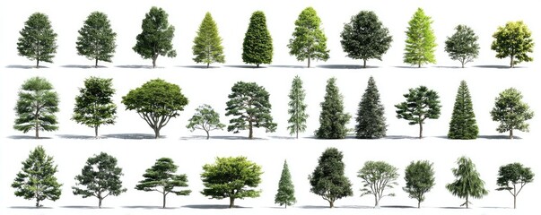 Variety of trees, different shapes and sizes, isolated on white background