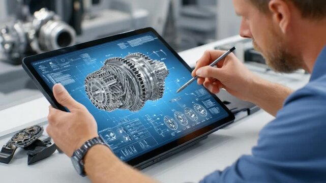 Precision Engineering: A skilled engineer meticulously examines detailed blueprints of machinery on a digital tablet, focused intently on the complex design and development of the project.