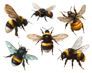 Set of various bees on a transparent