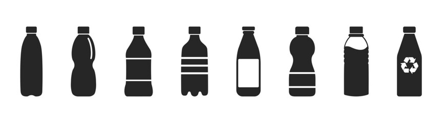 Water bottle vector icon set, plastic drink container illustration, outline collection, beverage symbol, recycling eco design, soda label, simple flat graphic, isolated on transparent background.