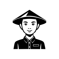 Black and white vector illustration of a smiling Asian man wearing a traditional conical hat