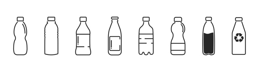 Plastic water bottle vector icon set, transparent drink container illustration, beverage product design, recycling and clean environment concept, fresh mineral liquid refreshment, isolated flat pack.